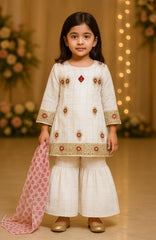 Cream Cotton-Net Kurta Shalwar Set for Girls