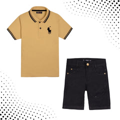 Beige polo shirt with black striped collar and black shorts – Boys’ summer outfit grand deal at Yumzz.pk