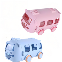 Cute 500ml bus-shaped kids water bottle in pastel blue with a leakproof lid and adjustable strap – fun and safe for school or travel.