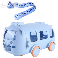 Cute 500ml bus-shaped kids water bottle in pastel blue with a leakproof lid and adjustable strap – fun and safe for school or travel.