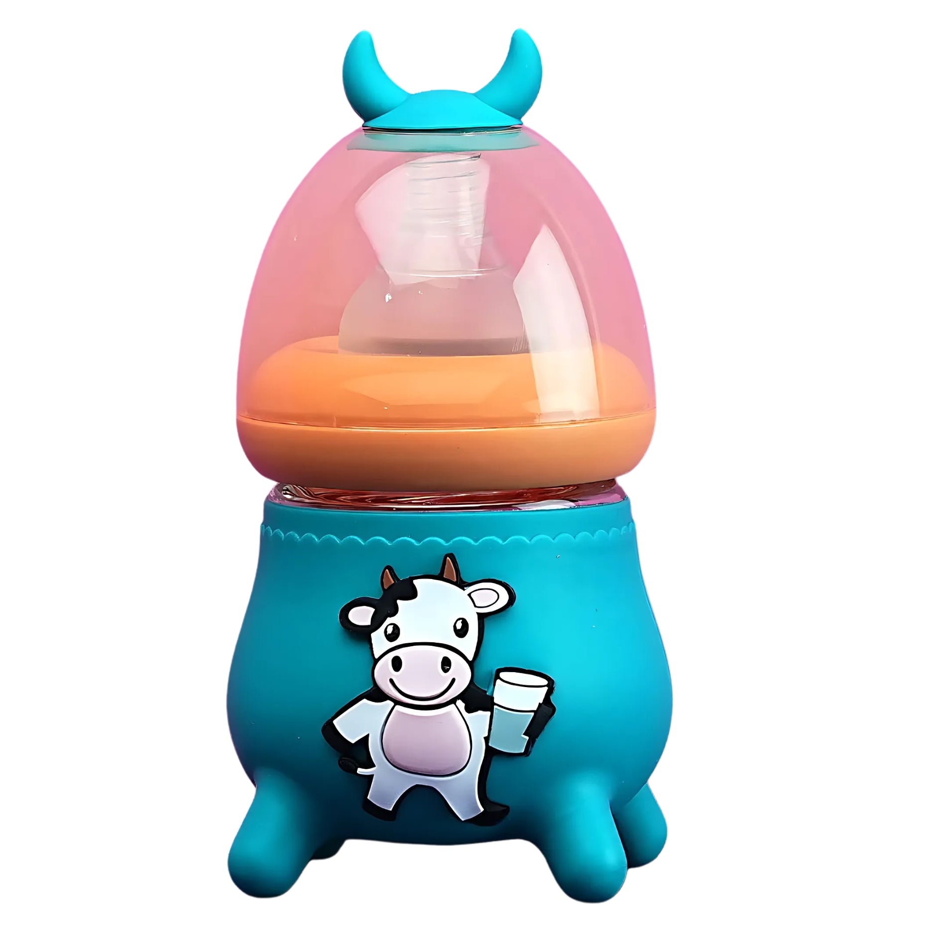cow-shaped baby feeder bottle with anti-colic nipple, horn cap, and BPA-free material – cute and safe for infants.