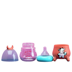 cow-shaped baby feeder bottle with anti-colic nipple, horn cap, and BPA-free material – cute and safe for infants.