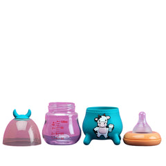 cow-shaped baby feeder bottle with anti-colic nipple, horn cap, and BPA-free material – cute and safe for infants.