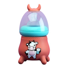 cow-shaped baby feeder bottle with anti-colic nipple, horn cap, and BPA-free material – cute and safe for infants.
