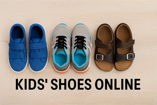 Colorful kids shoes including sneakers, school shoes, and sandals displayed on a wooden background – perfect for kids shoes online shopping in Pakistan.
