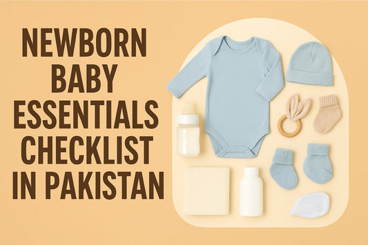 Checklist of newborn baby essentials in Pakistan with baby clothes, feeding bottles, diapers, and toys displayed in a soft pastel design.