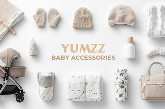 Essential baby accessories from Yumzz Baby Collection displayed on a clean white background.