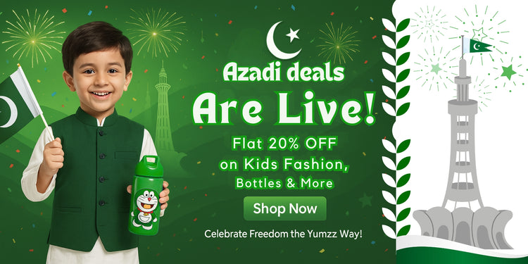 14 August Kidswear Sale Banner – Yumzz.pk – Green & White Theme with Patriotic Designs