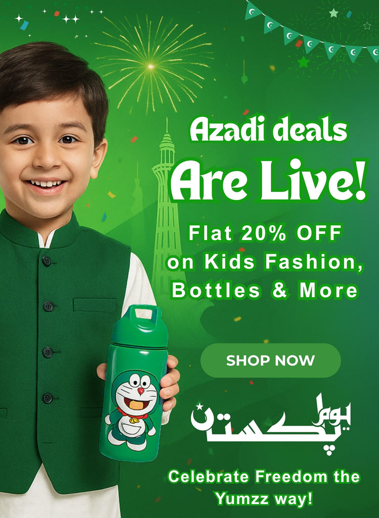 14 August Kidswear Sale Banner – Yumzz.pk – Green & White Theme with Patriotic Designs