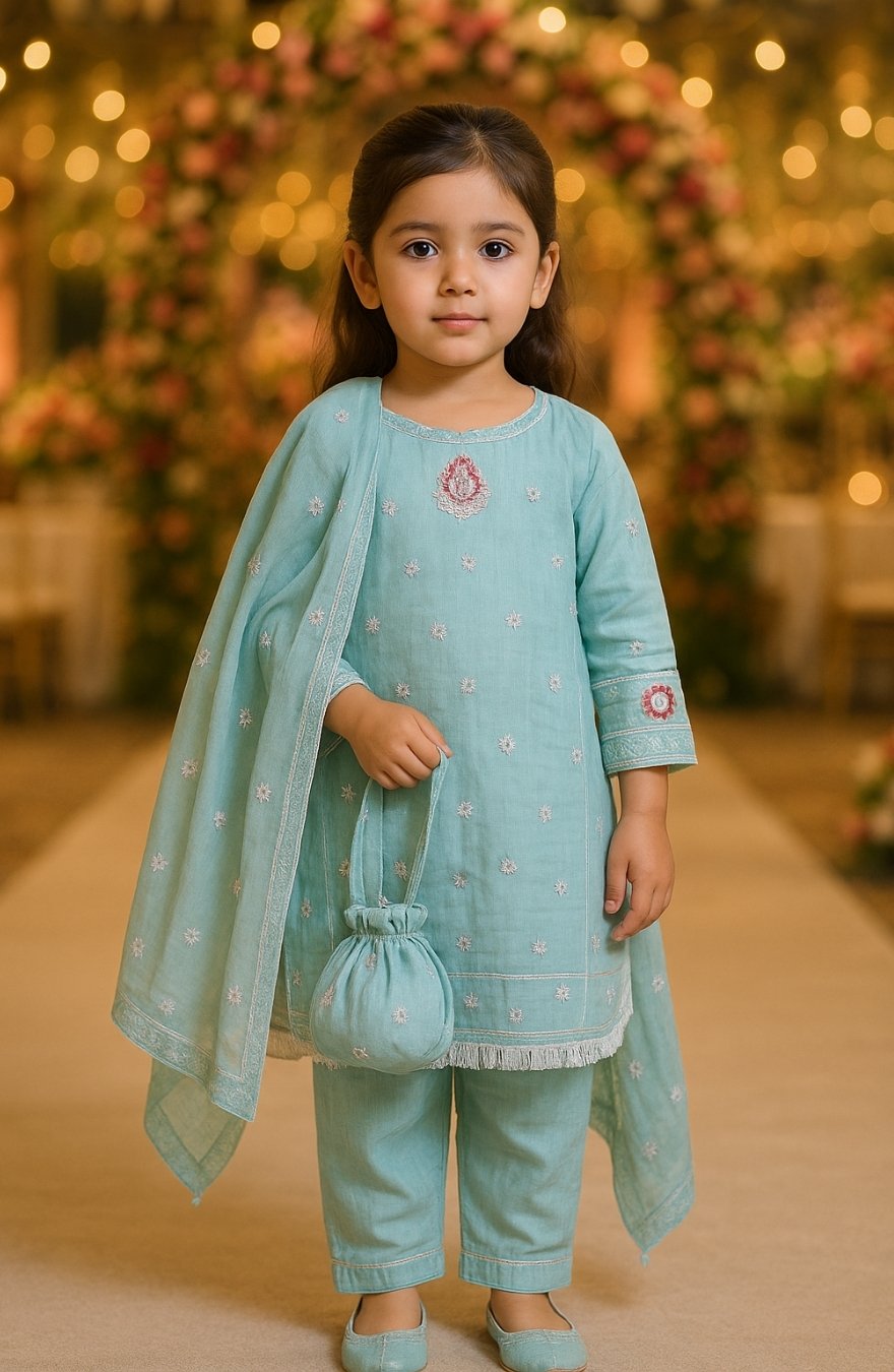 Teal Cotton-Net Kurta Shalwar Set for Girls