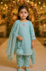 Teal Cotton-Net Kurta Shalwar Set for Girls
