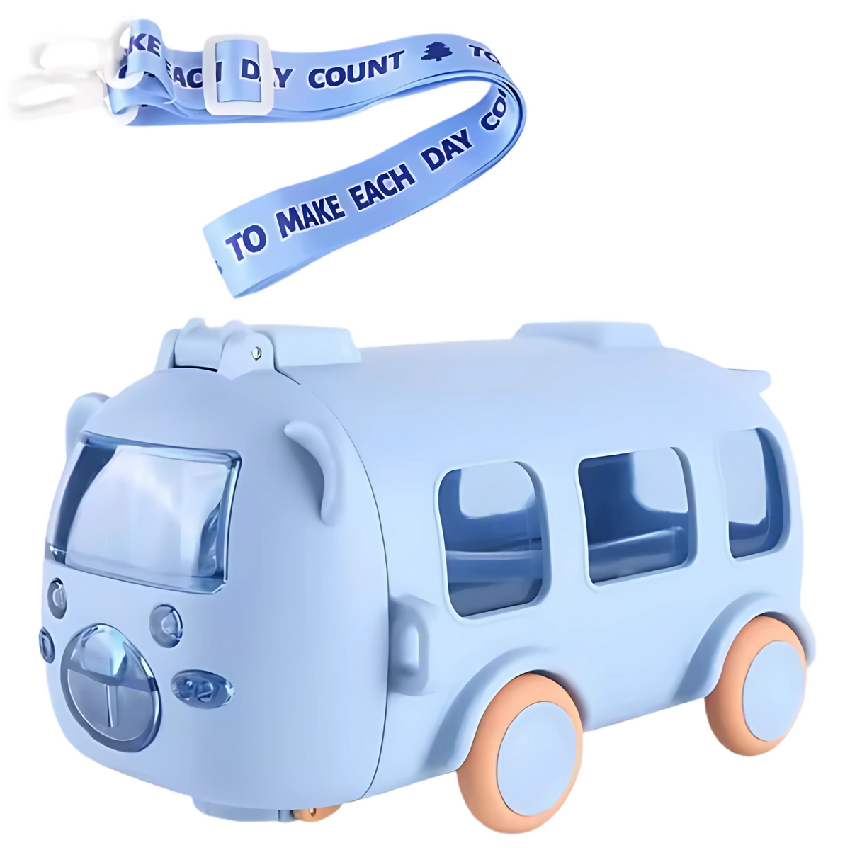 Cute 500ml bus-shaped kids water bottle in pastel blue with a leakproof lid and adjustable strap – fun and safe for school or travel.