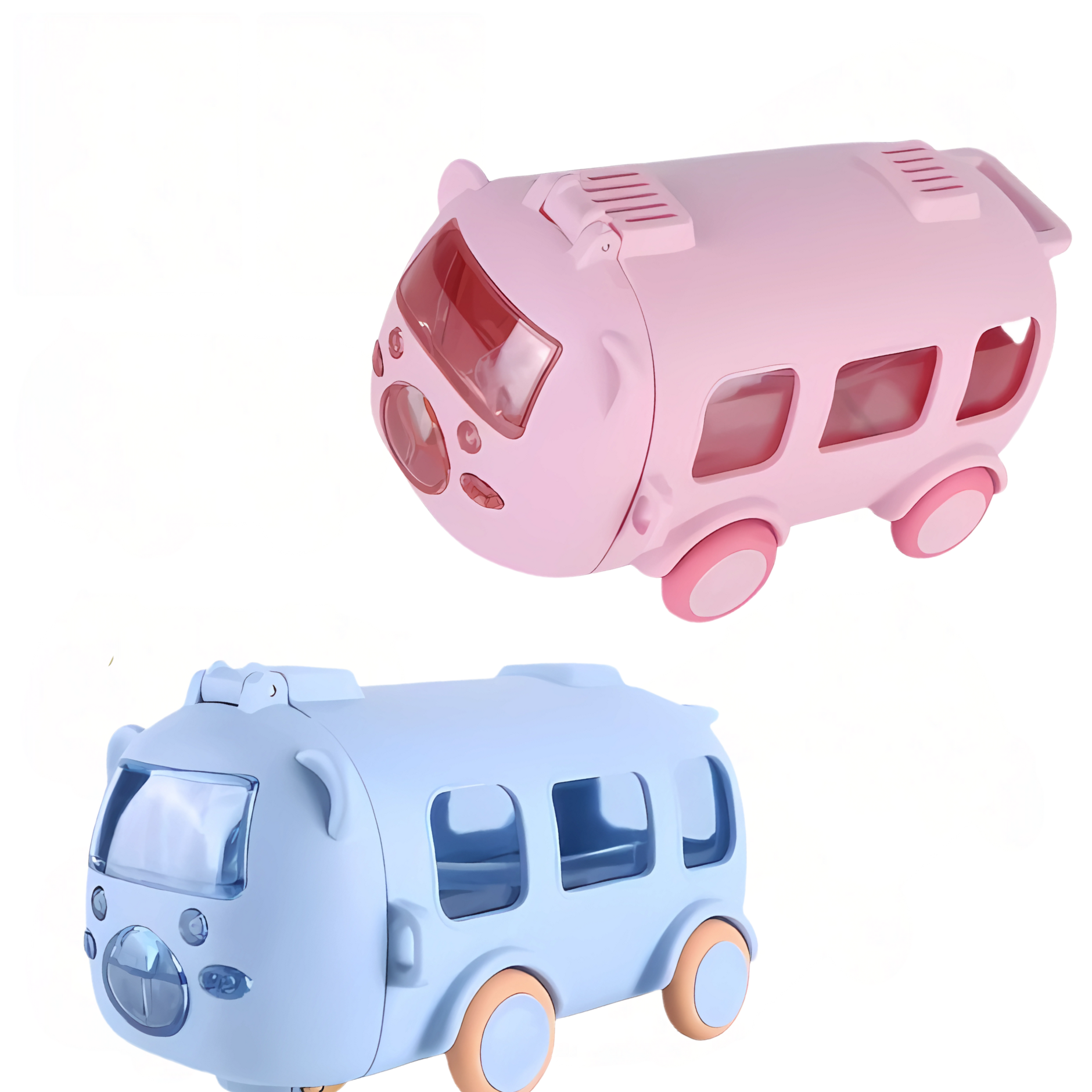 Cute 500ml bus-shaped kids water bottle in pastel blue with a leakproof lid and adjustable strap – fun and safe for school or travel.