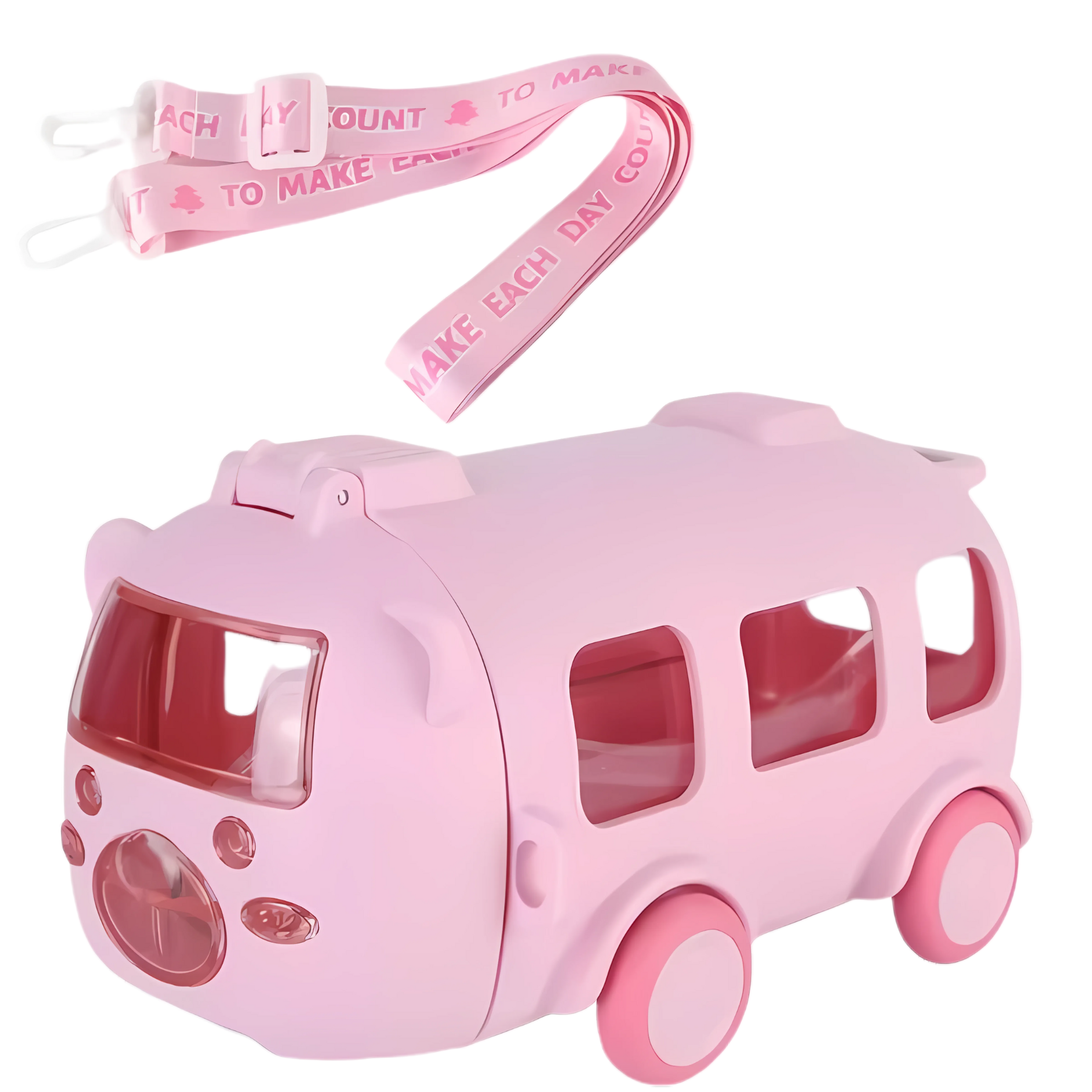 Cute 500ml bus-shaped kids water bottle in pastel blue with a leakproof lid and adjustable strap – fun and safe for school or travel.