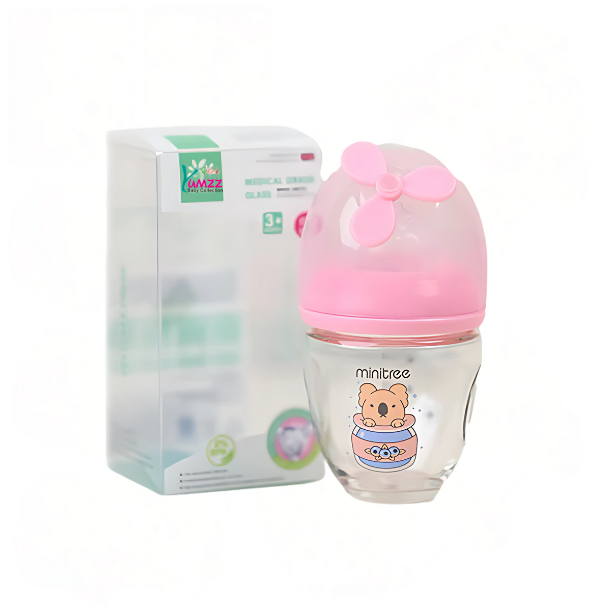 MiniTree PPSU baby feeder bottle with pink flower cap and cute bear design – 150ml anti-colic and BPA-free bottle for infants.