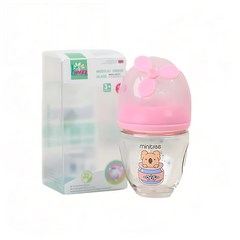 MiniTree PPSU baby feeder bottle with pink flower cap and cute bear design – 150ml anti-colic and BPA-free bottle for infants.